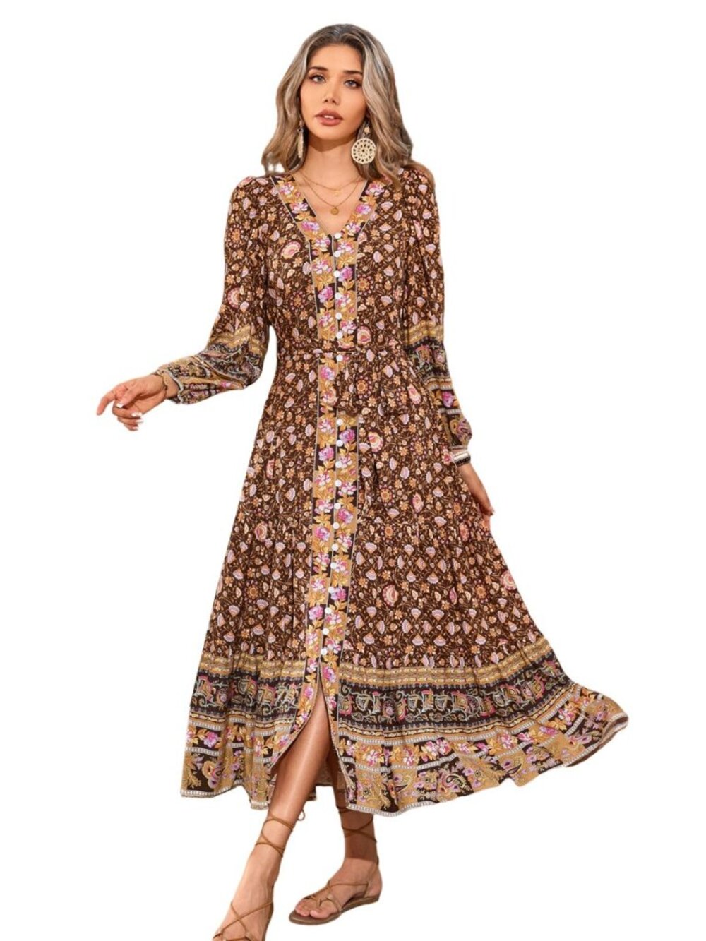 Women's Boho Floral Print Button Down Midi Dress